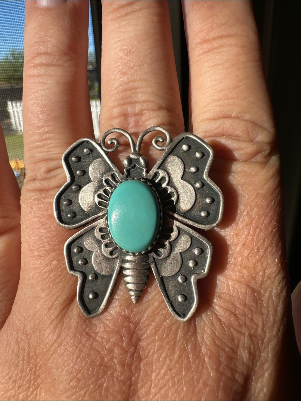 Adjustable Band Kingman Turquoise Sterling Silver Butterfly Ring